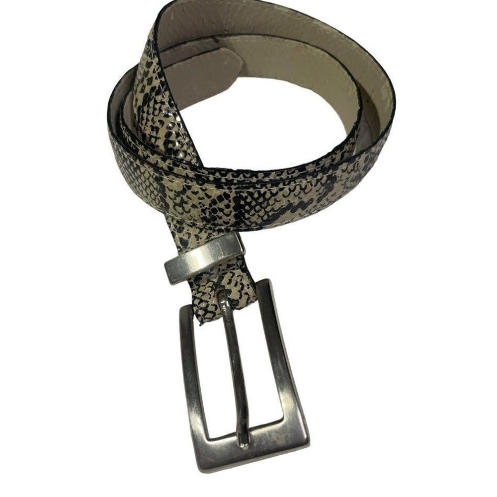 Elite Womens Snakeskin Print Belt Medium Cream Black Silver Buckle Skinny Animal